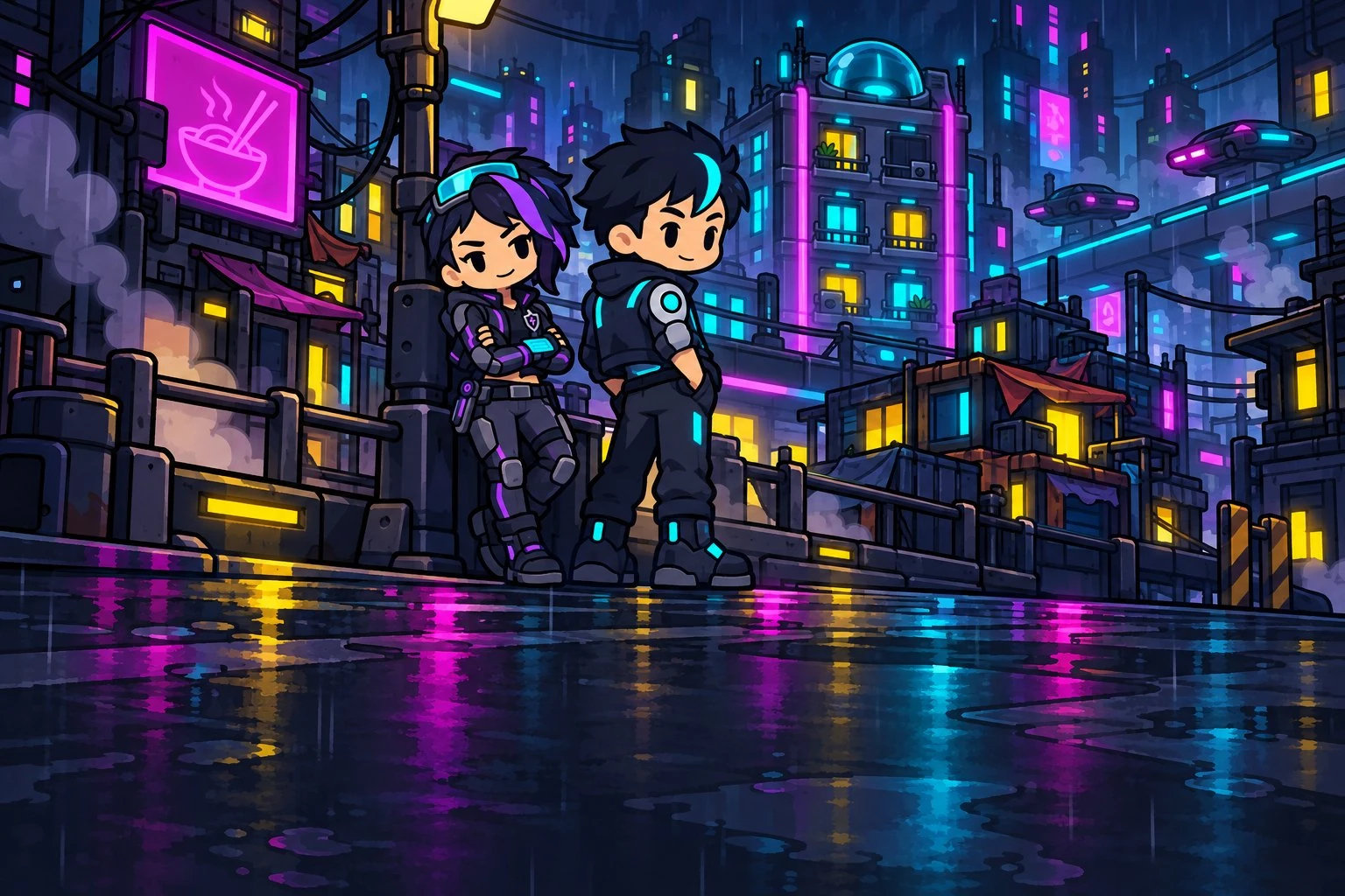 Neon Hustle: two characters on a rainy neon street
