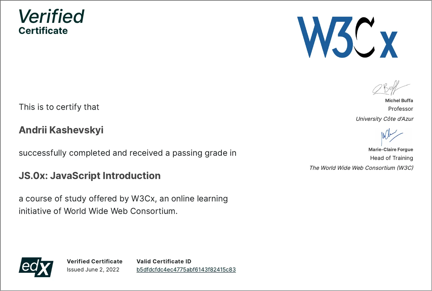 W3Cx JS.0x: JavaScript Introduction, edX verified certificate
